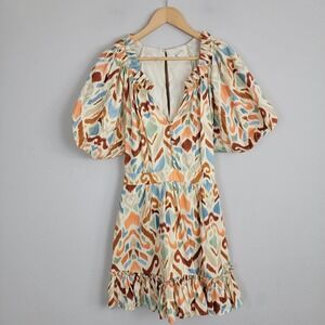 Allison New York Alice Mini Dress Ivory Ikat Womens Sz 6 Multi Ruffle Abstract